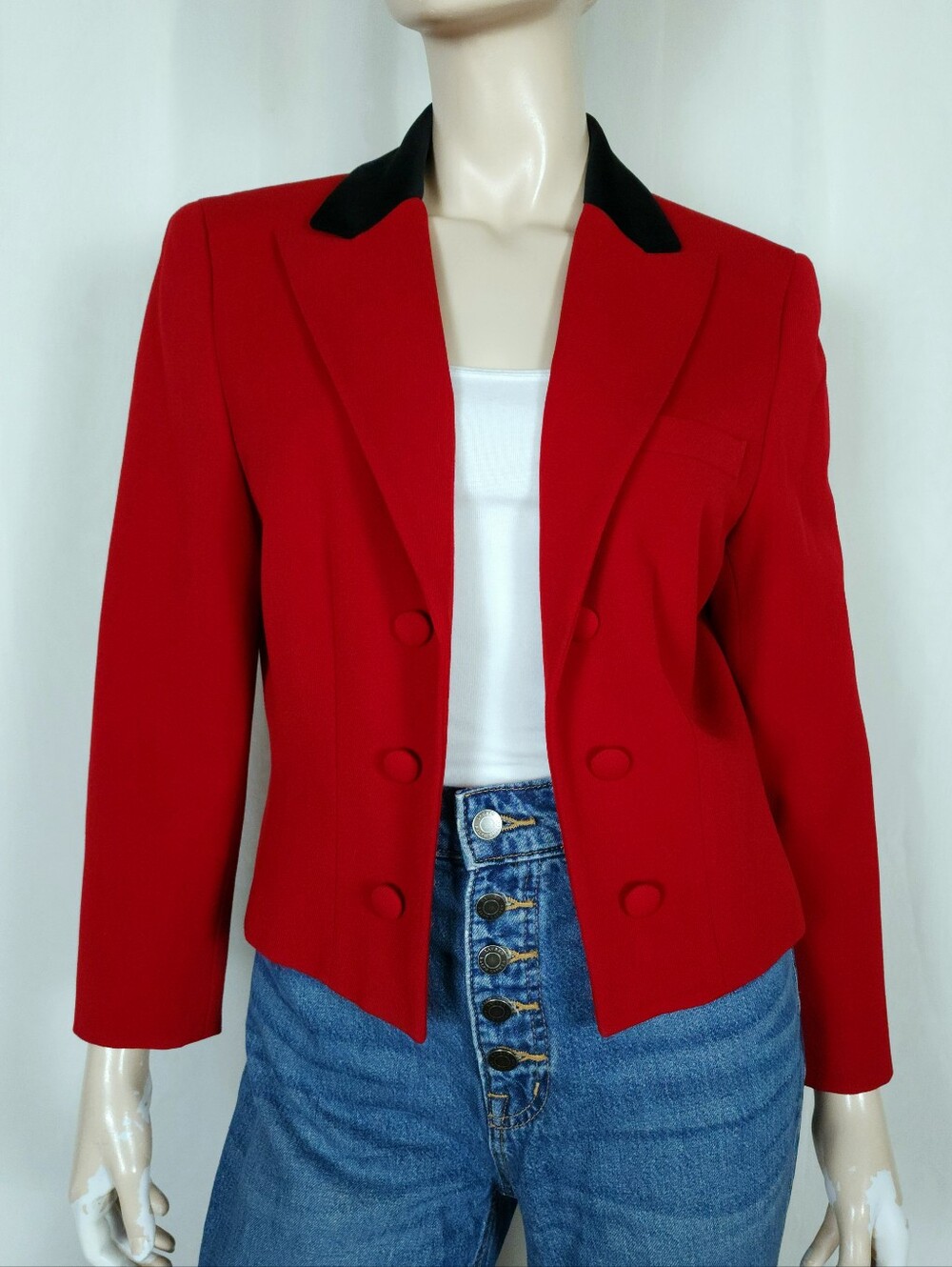 Vtg Lauren Ralph Lauren Blazer Jacket Red Cropped Wool Black Velvet 12